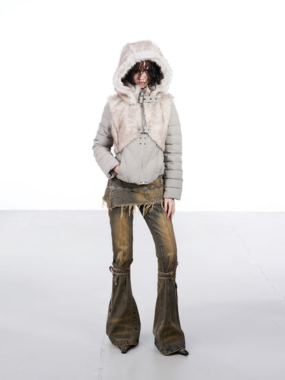 NORTH NODE Fur Splice Hooded Faux Two Piece Cropped Women&