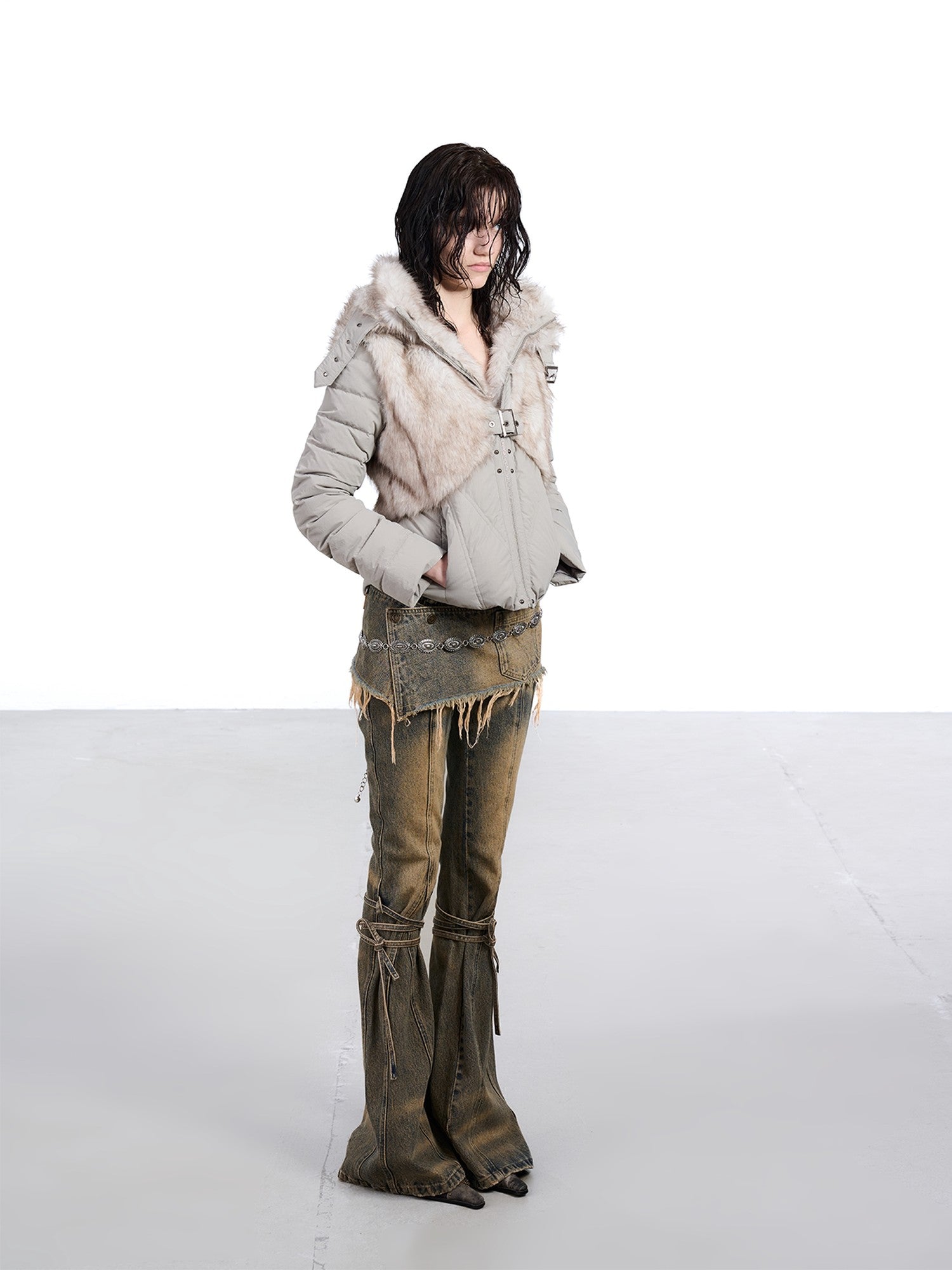 NORTH NODE Fur Splice Hooded Faux Two Piece Cropped Women&