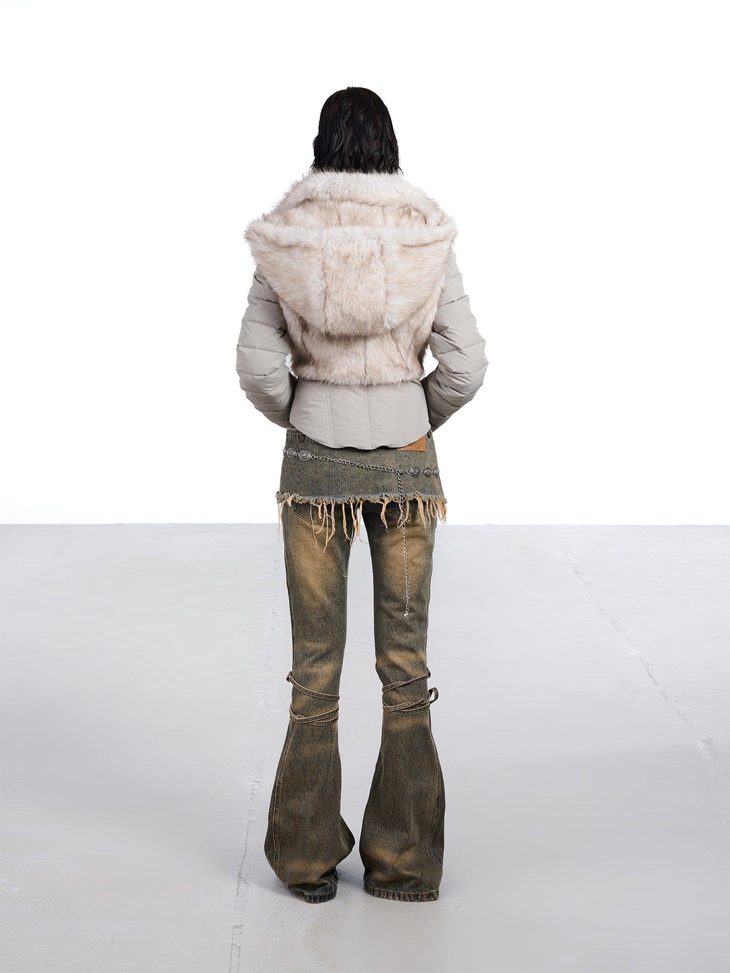 NORTH NODE Fur Splice Hooded Faux Two Piece Cropped Women&
