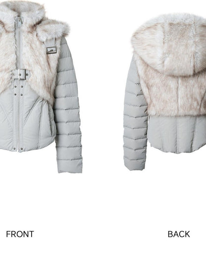 NORTH NODE Fur Splice Hooded Faux Two Piece Cropped Women&