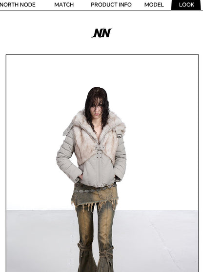 NORTH NODE Fur Splice Hooded Faux Two Piece Cropped Women&