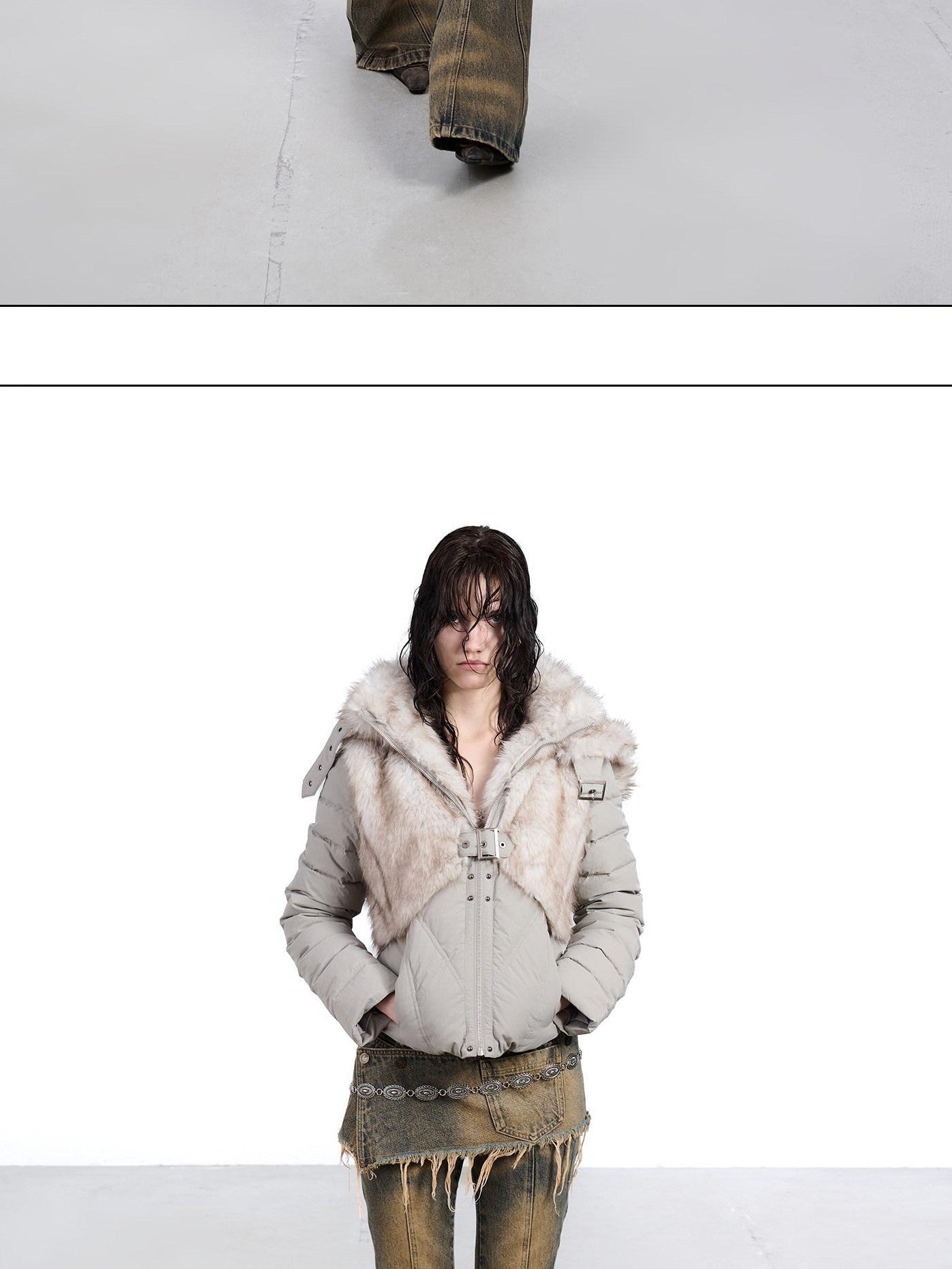 NORTH NODE Fur Splice Hooded Faux Two Piece Cropped Women&