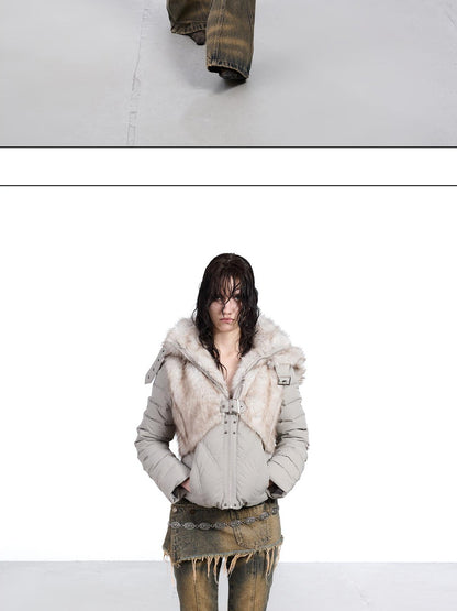 NORTH NODE Fur Splice Hooded Faux Two Piece Cropped Women&
