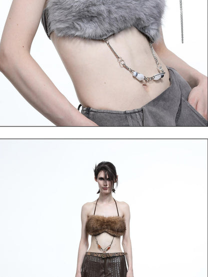 NORTH NODE Fuzzy Chain Beaded Patchwork V-neck Women&