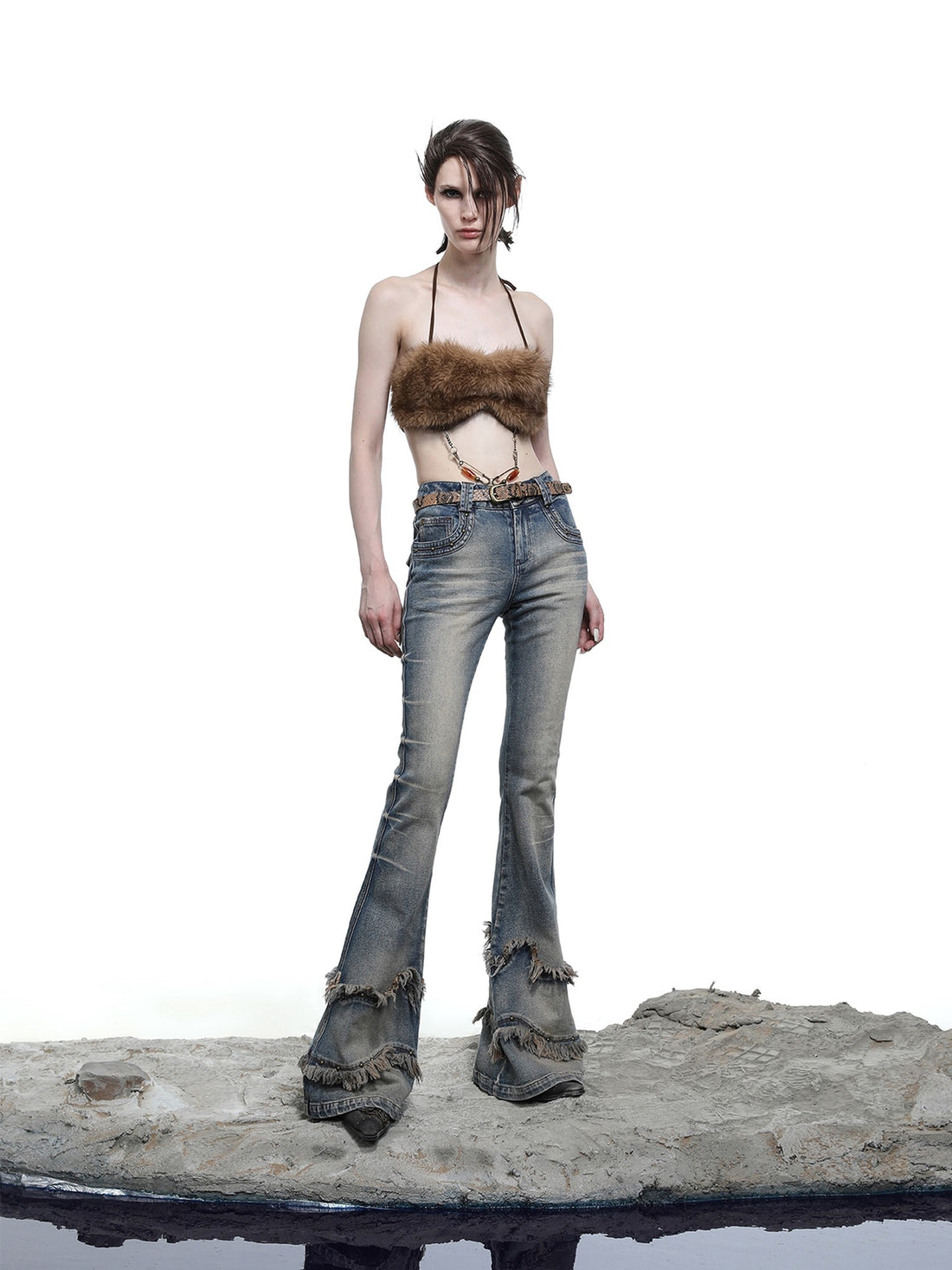 NORTH NODE Fuzzy Chain Beaded Patchwork V-neck Women&