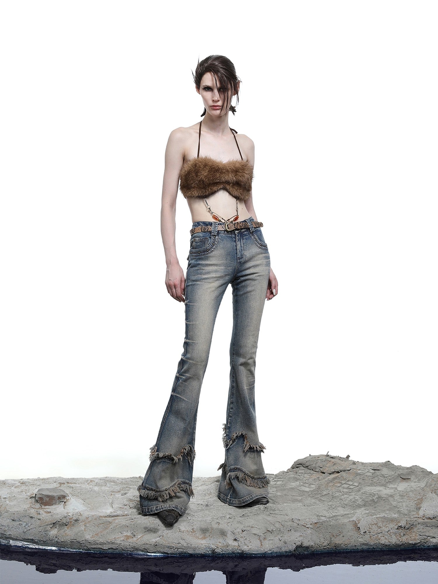 NORTH NODE Fuzzy Chain Beaded Patchwork V-neck Women&