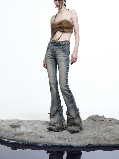 NORTH NODE Fuzzy Chain Beaded Patchwork V-neck Women&