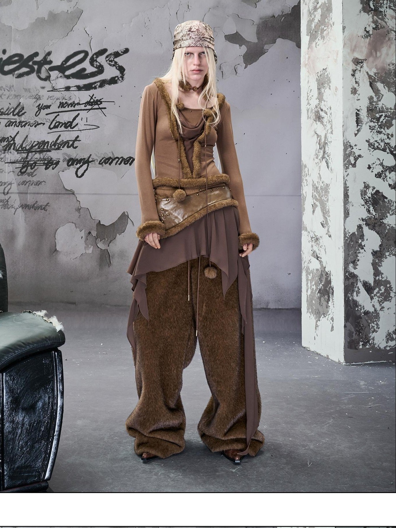 NORTH NODE Fuzzy Patchwork Cowl Neck Women&