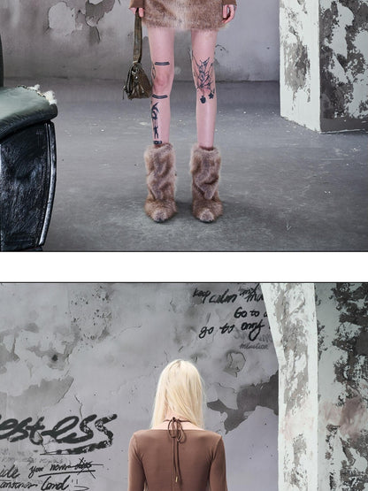 NORTH NODE Fuzzy Side Zipper Mid Waist Bodycon Women&