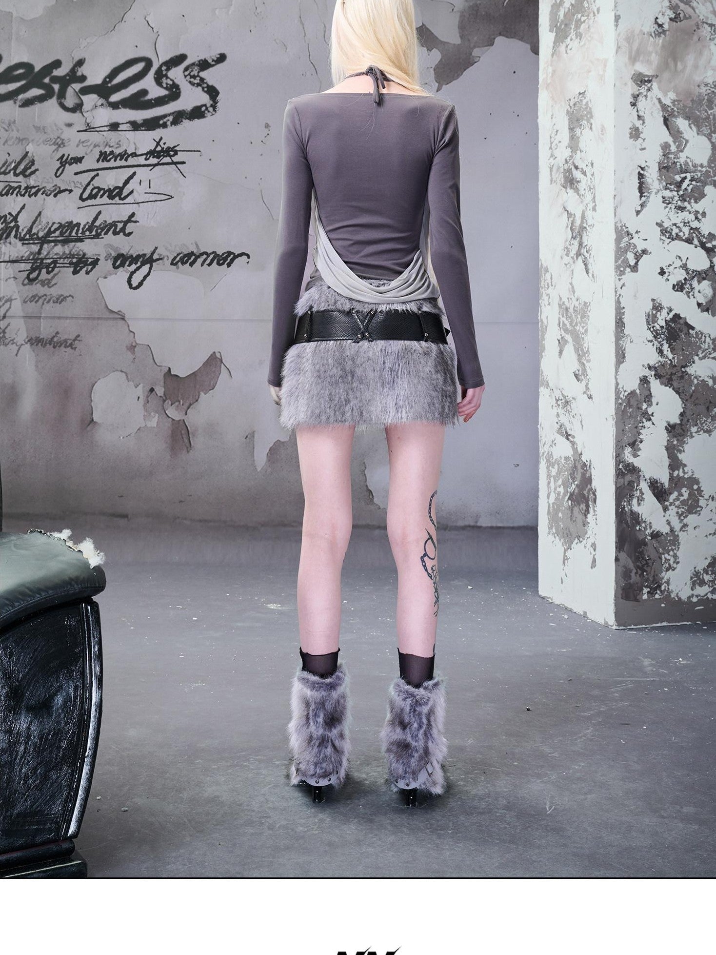 NORTH NODE Fuzzy Side Zipper Mid Waist Bodycon Women&