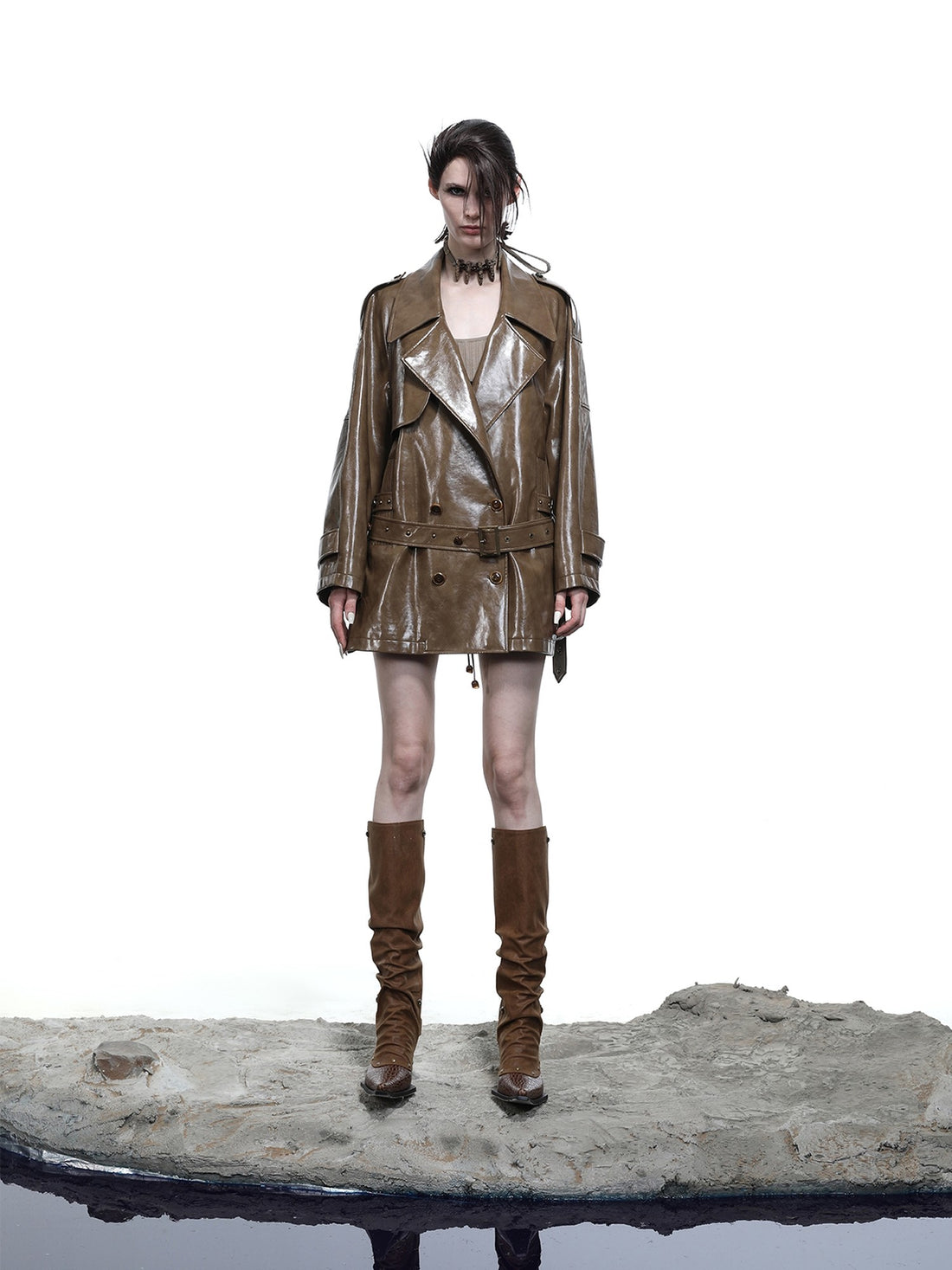 NORTH NODE Glossy Mirror Fold Belted Mid Length Women&
