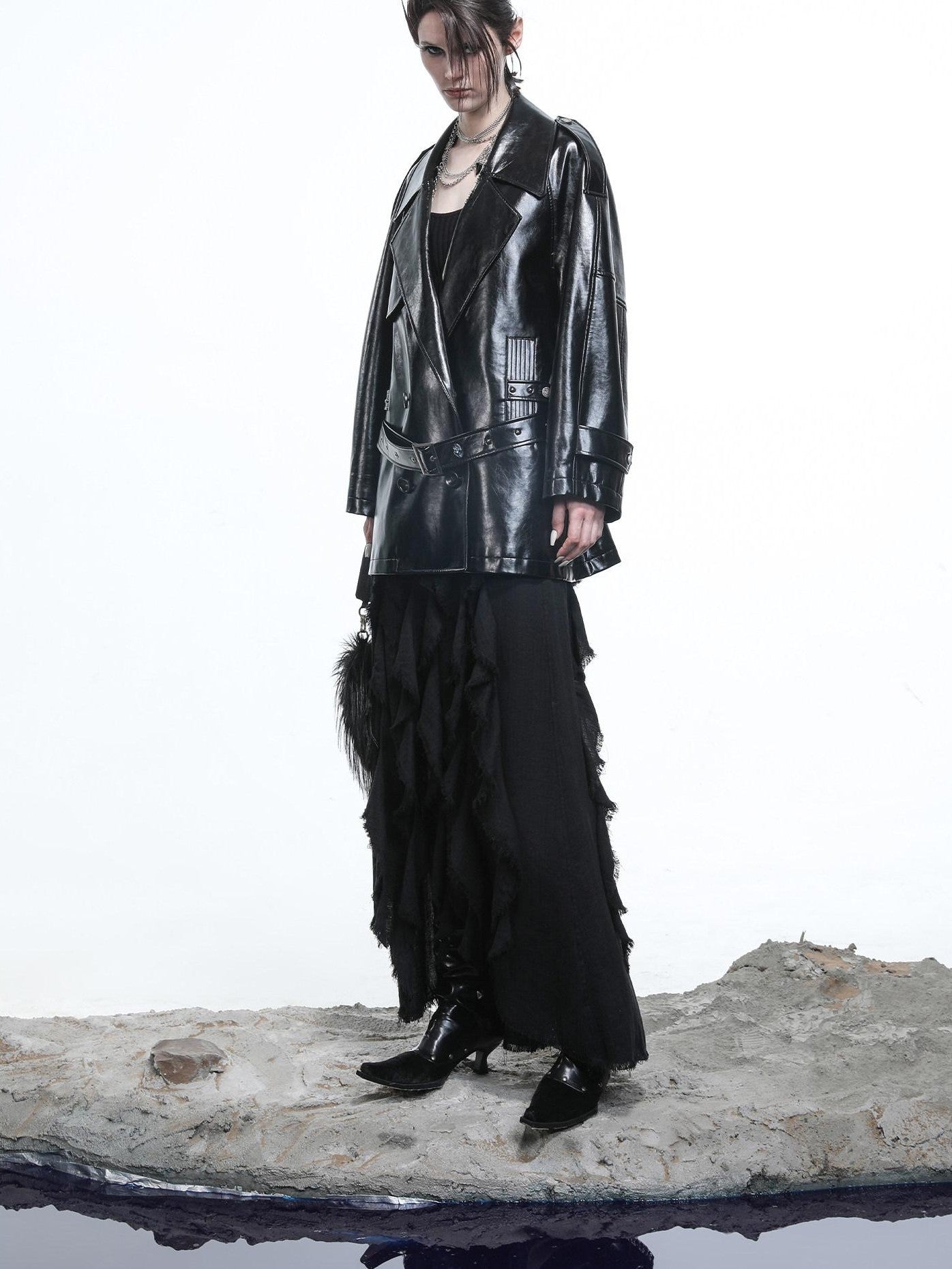 NORTH NODE Glossy Mirror Fold Belted Mid Length Women&