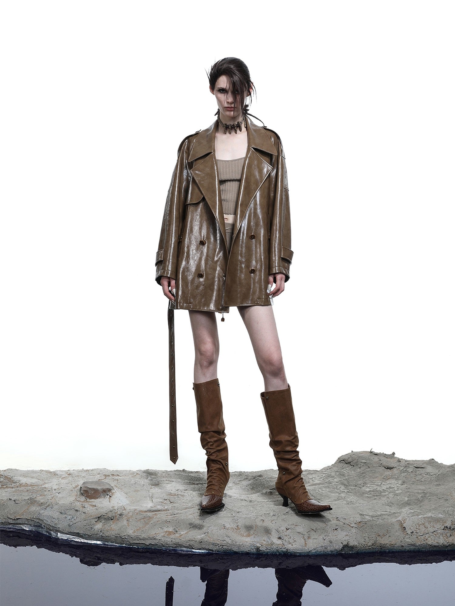NORTH NODE Glossy Mirror Fold Belted Mid Length Women&