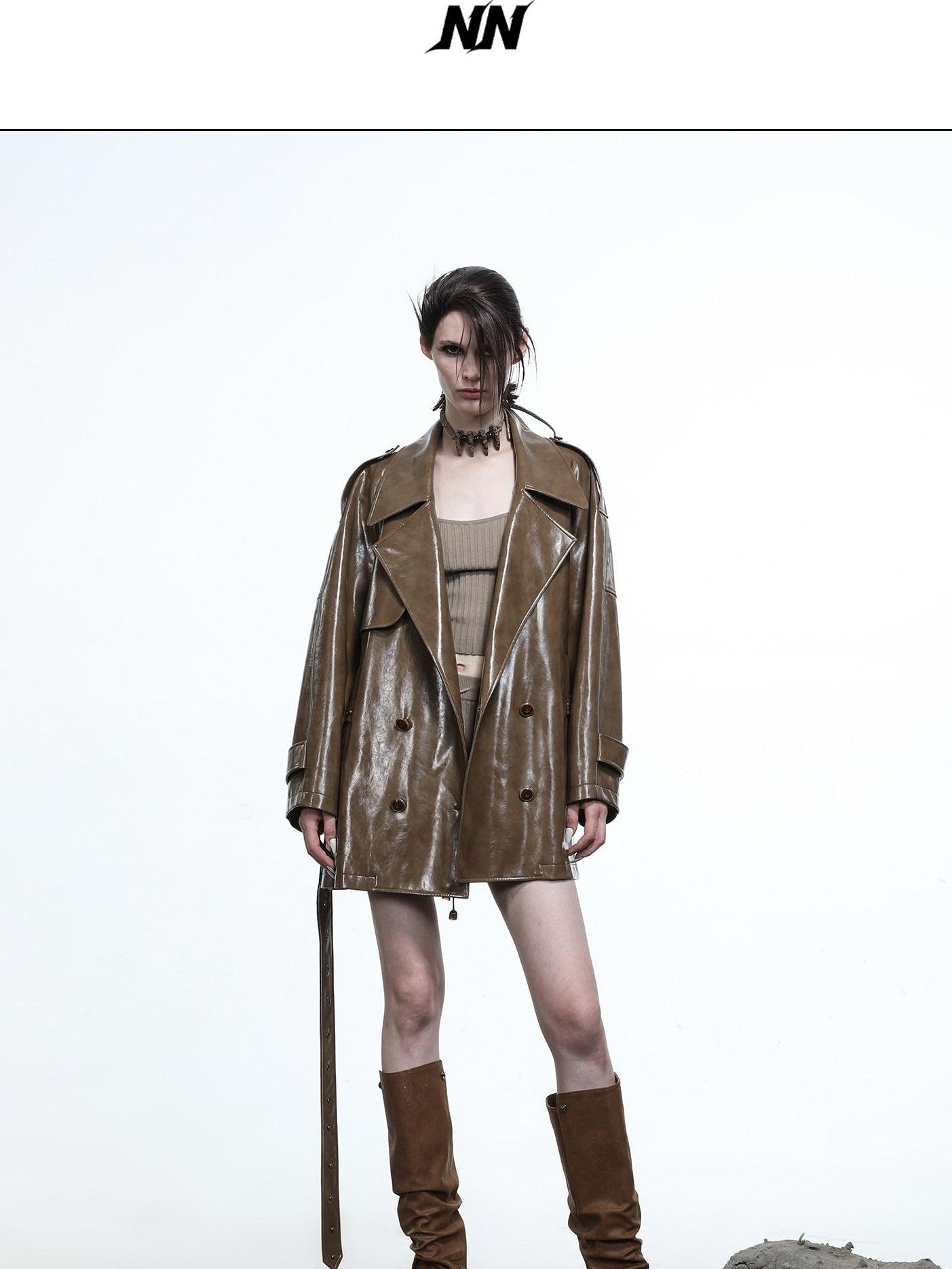 NORTH NODE Glossy Mirror Fold Belted Mid Length Women&