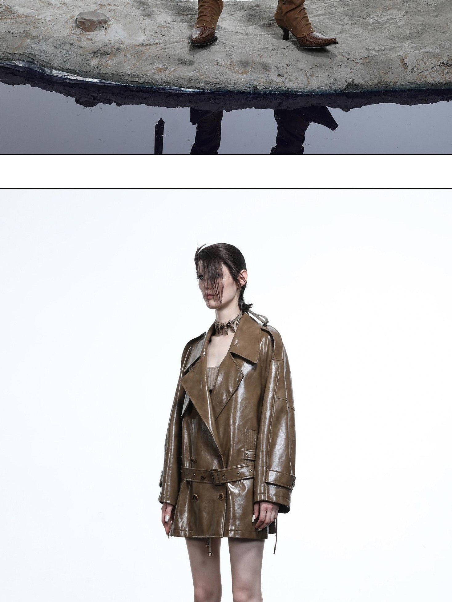 NORTH NODE Glossy Mirror Fold Belted Mid Length Women&