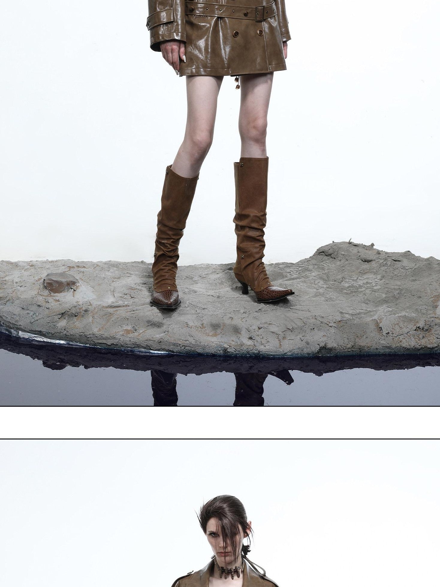 NORTH NODE Glossy Mirror Fold Belted Mid Length Women&