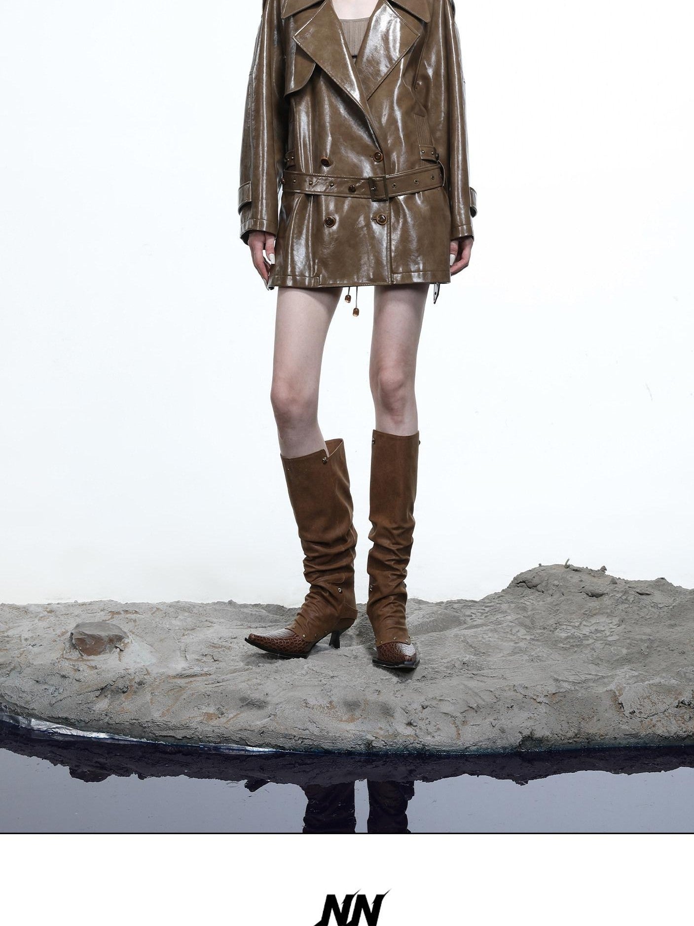 NORTH NODE Glossy Mirror Fold Belted Mid Length Women&