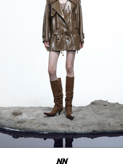 NORTH NODE Glossy Mirror Fold Belted Mid Length Women&