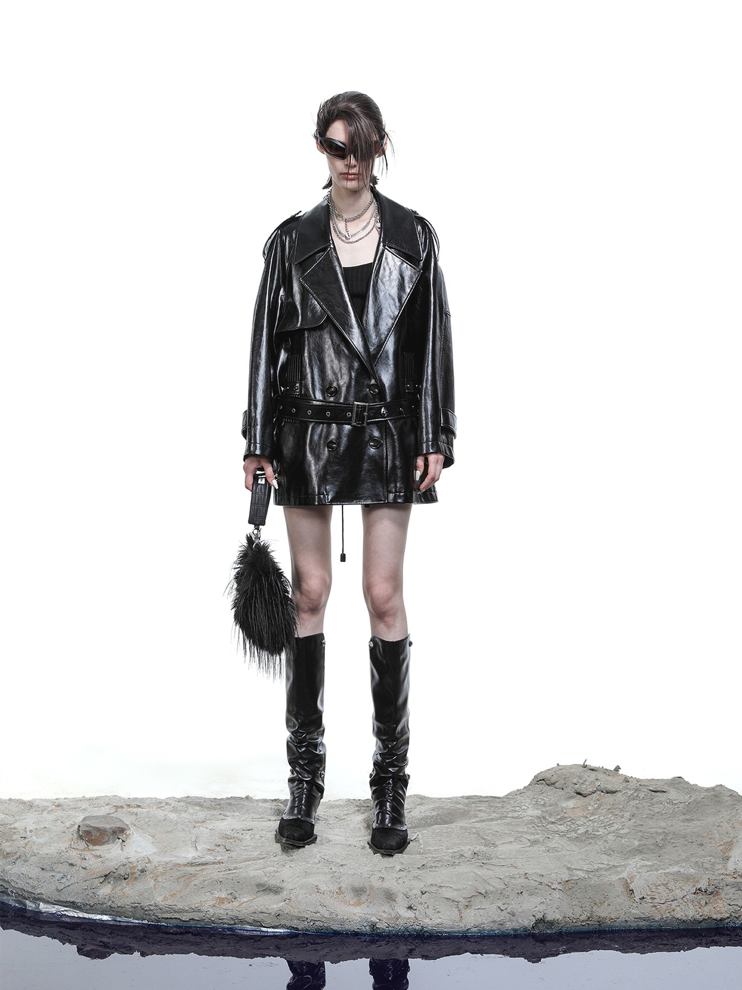 NORTH NODE Glossy Mirror Fold Belted Mid Length Women&