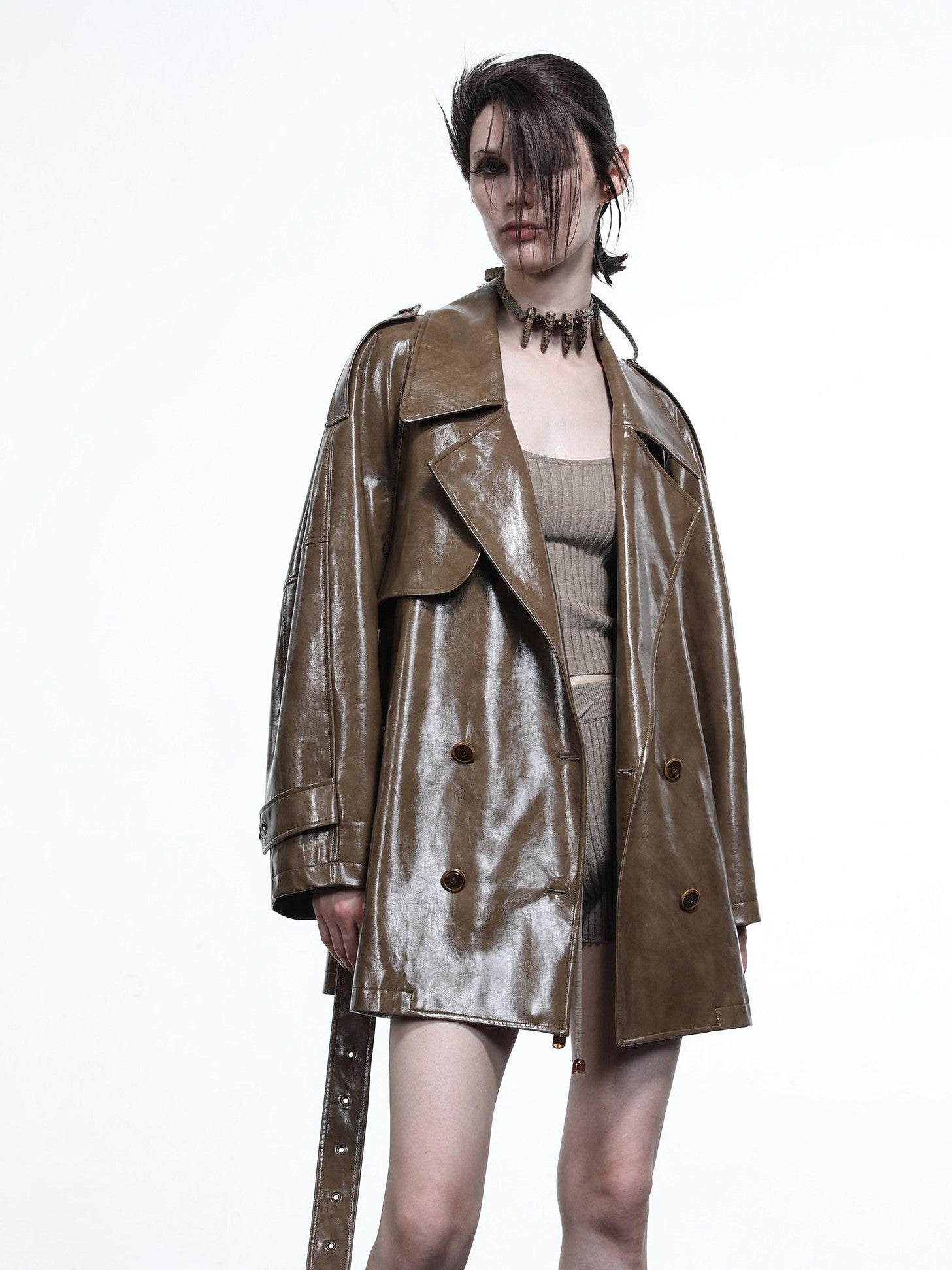 NORTH NODE Glossy Mirror Fold Belted Mid Length Women&