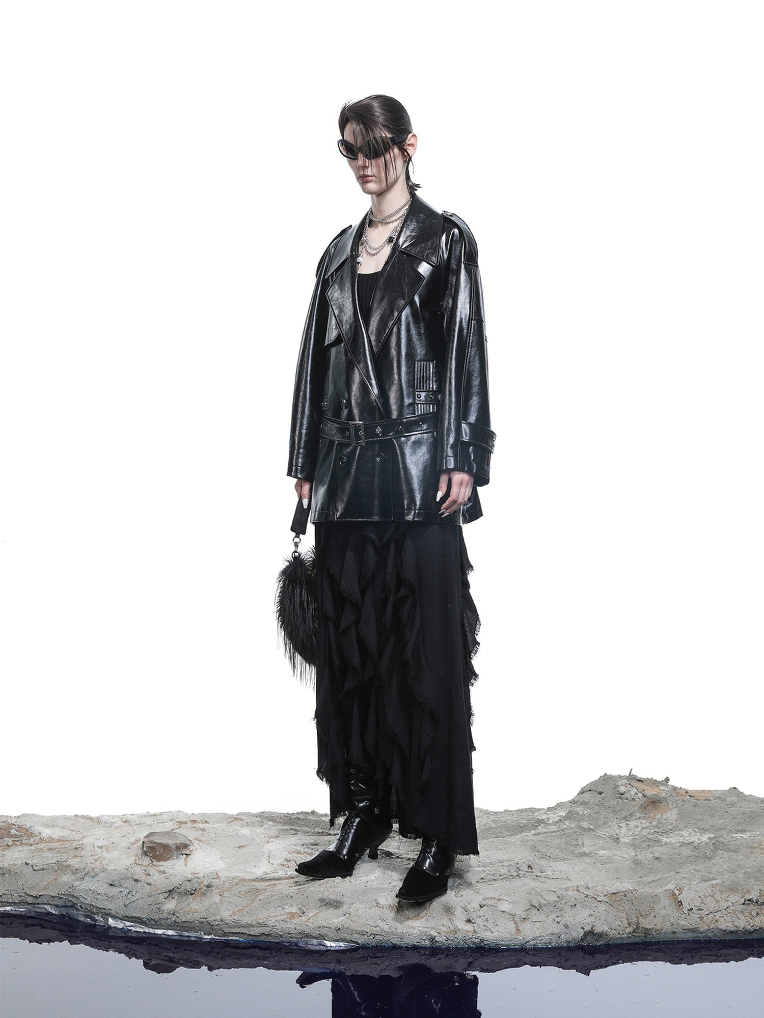 NORTH NODE Glossy Mirror Fold Belted Mid Length Women&