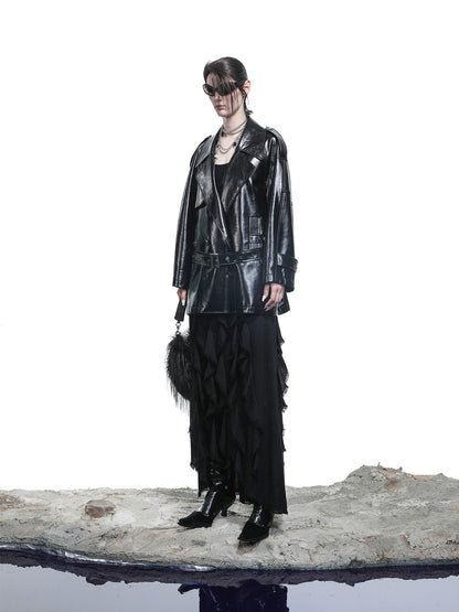 NORTH NODE Glossy Mirror Fold Belted Mid Length Women&