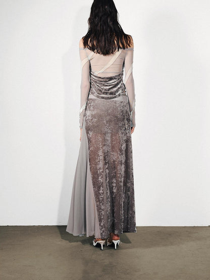 NORTH NODE Gray Flocked Mesh One Shoulder Two Piece Look Women&