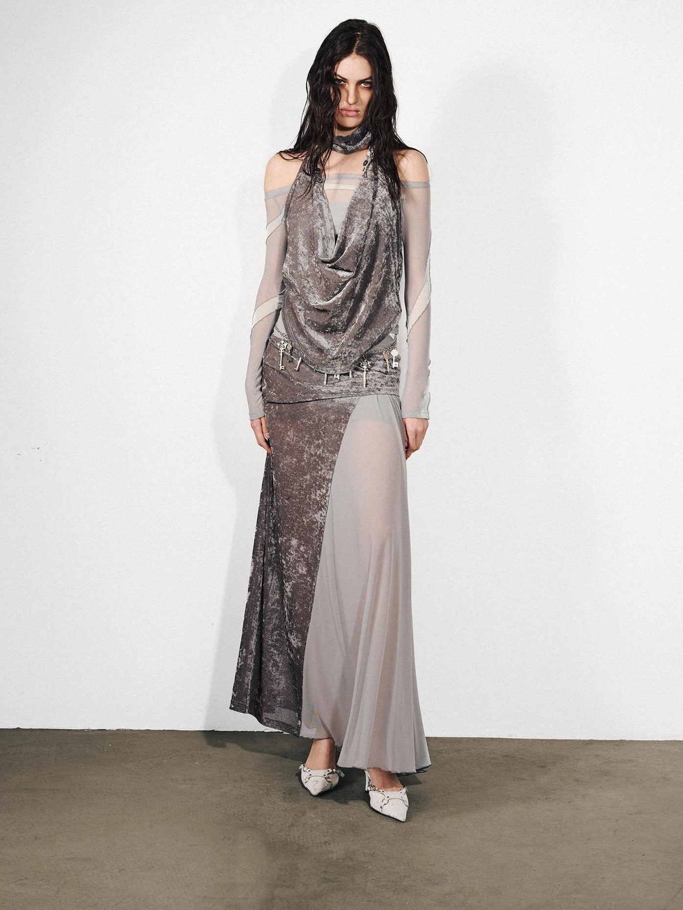 NORTH NODE Gray Flocked Mesh One Shoulder Two Piece Look Women&