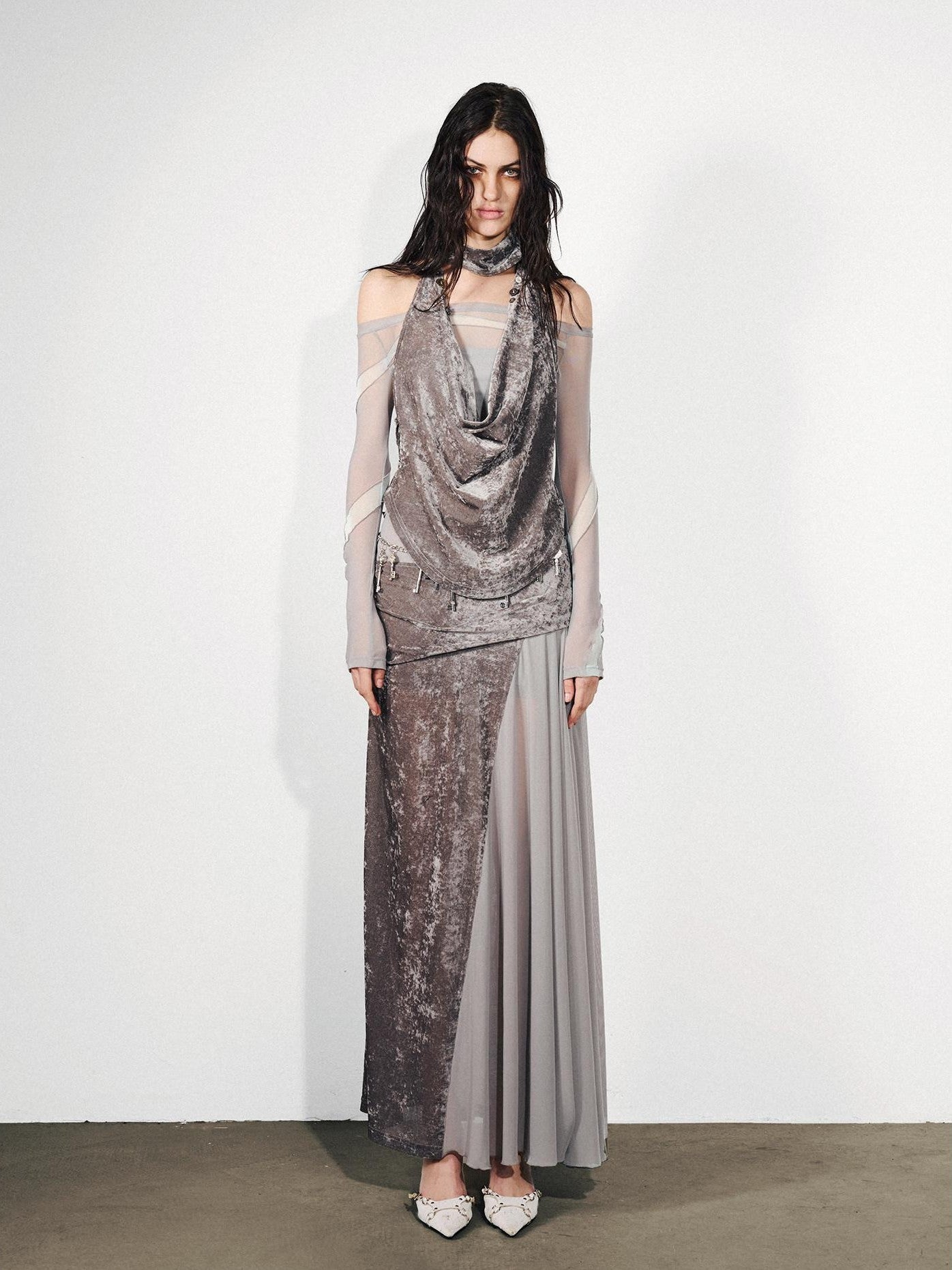 NORTH NODE Gray Flocked Mesh One Shoulder Two Piece Look Women&