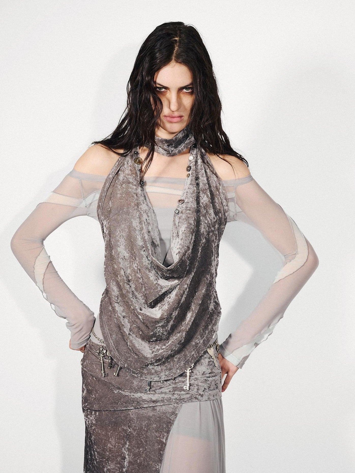 NORTH NODE Gray Flocked Mesh One Shoulder Two Piece Look Women&