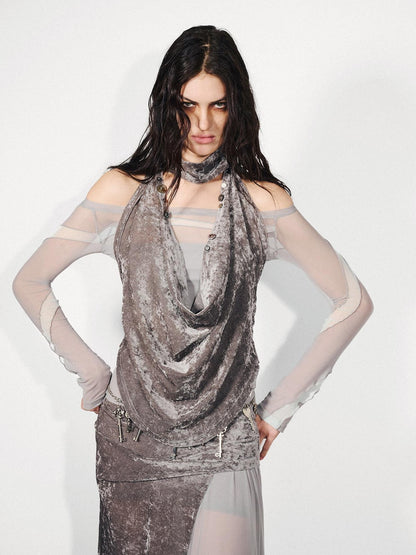 NORTH NODE Gray Flocked Mesh One Shoulder Two Piece Look Women&