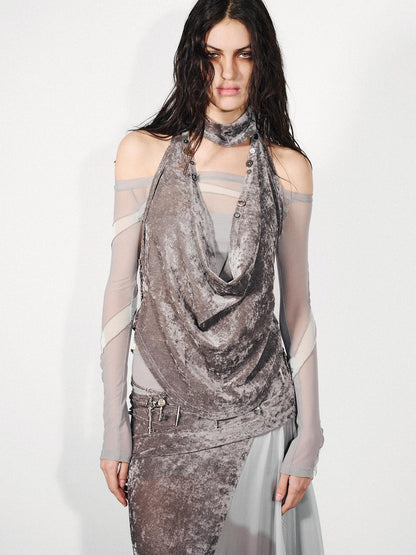 NORTH NODE Gray Flocked Mesh One Shoulder Two Piece Look Women&