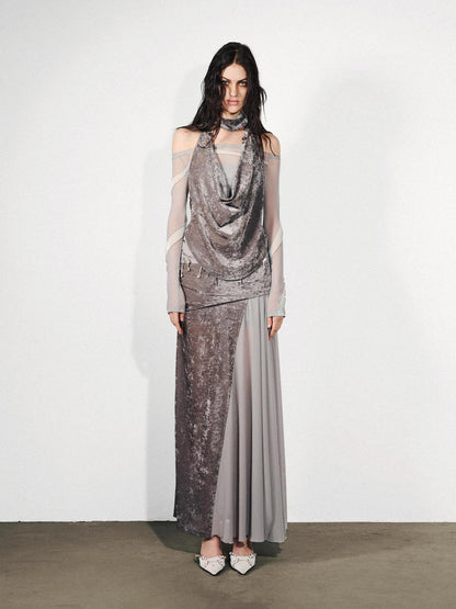 NORTH NODE Gray Flocked Mesh One Shoulder Two Piece Look Women&