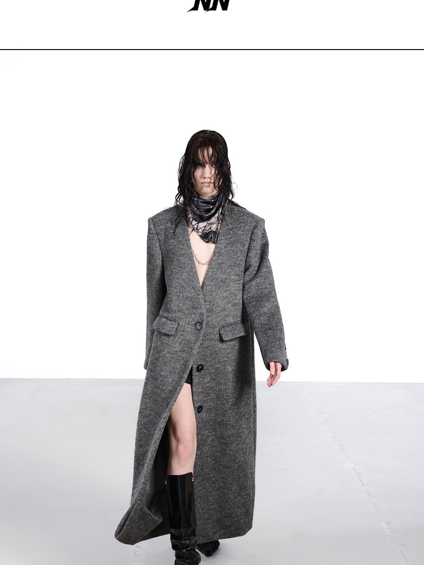 NORTH NODE Gray V-neck Tailored Single Breasted Pocket Loose Women&