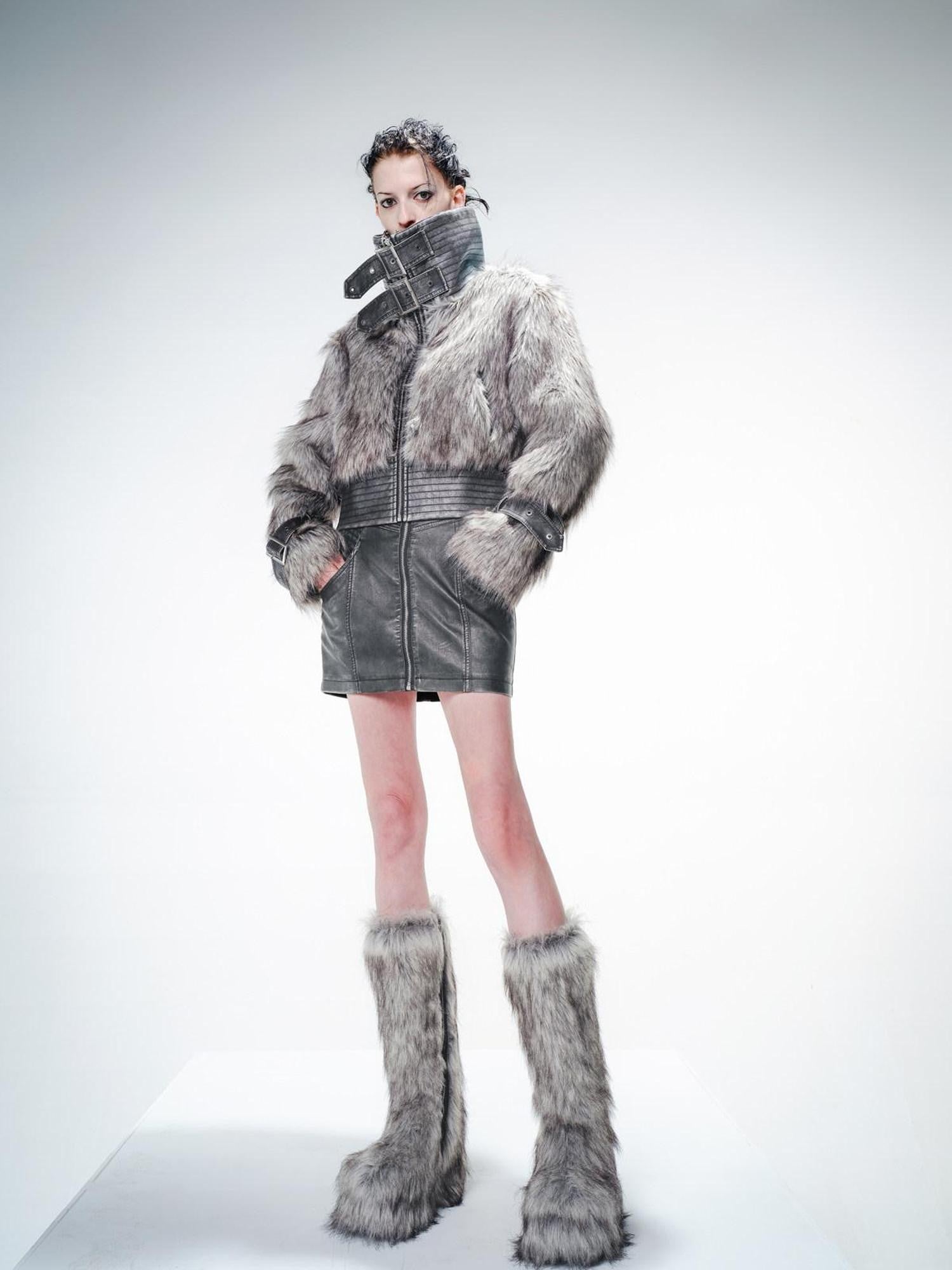 NORTH NODE Gray Washed Leather Patchwork Women&