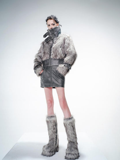 NORTH NODE Gray Washed Leather Patchwork Women&