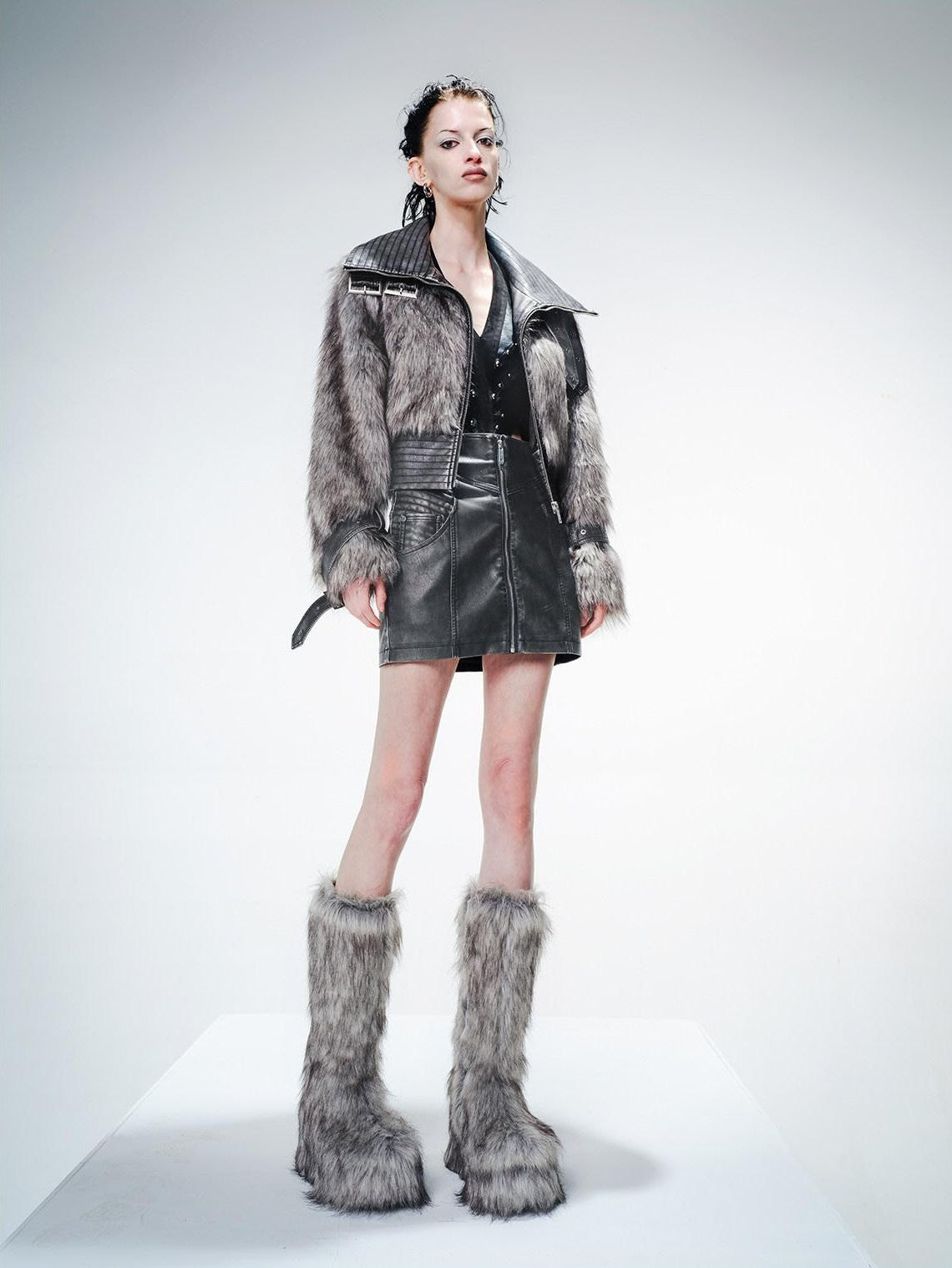 NORTH NODE Gray Washed Leather Patchwork Women&