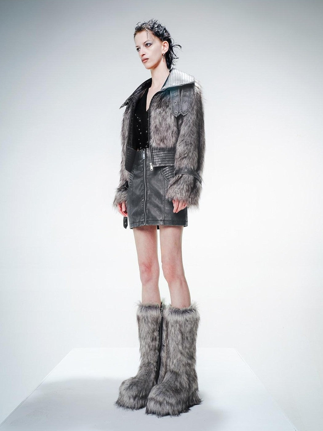 NORTH NODE Gray Washed Leather Patchwork Women&