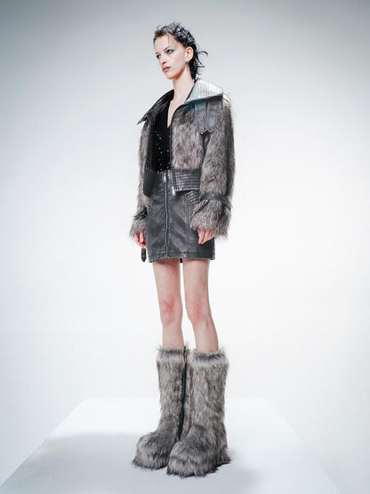 NORTH NODE Gray Washed Leather Patchwork Women&