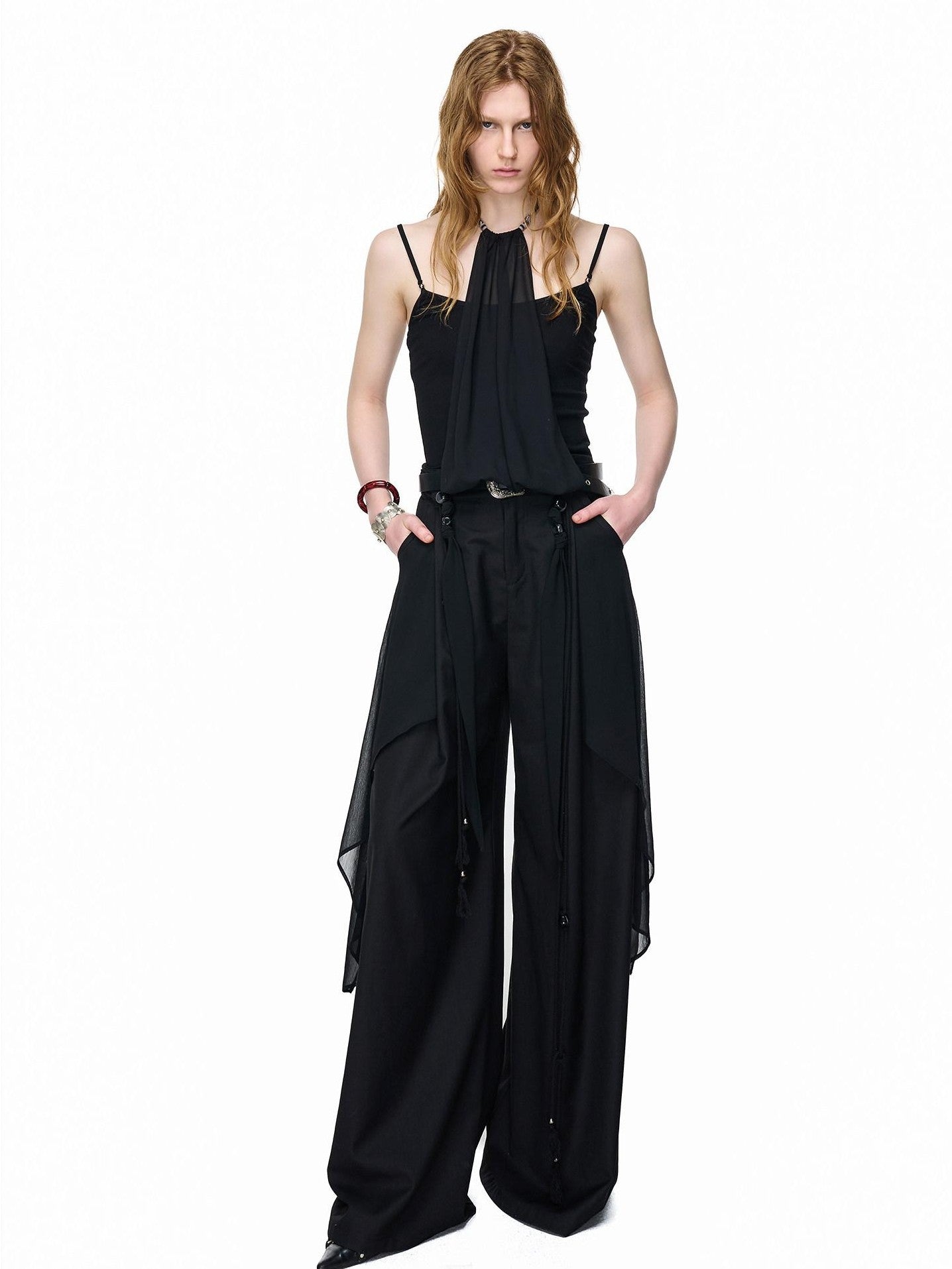 NORTH NODE Halter Neck Chiffon Splice Faux Two Piece Women&