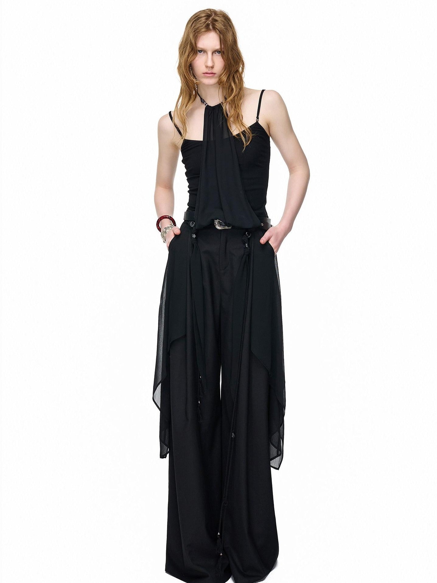 NORTH NODE Halter Neck Chiffon Splice Faux Two Piece Women&