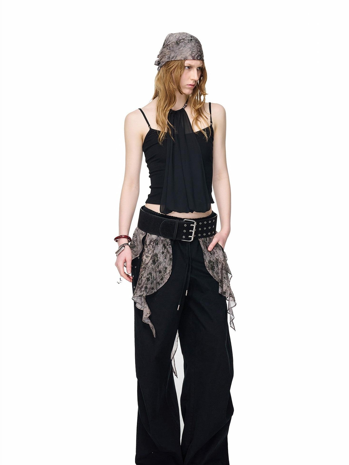 NORTH NODE Halter Neck Chiffon Splice Faux Two Piece Women&