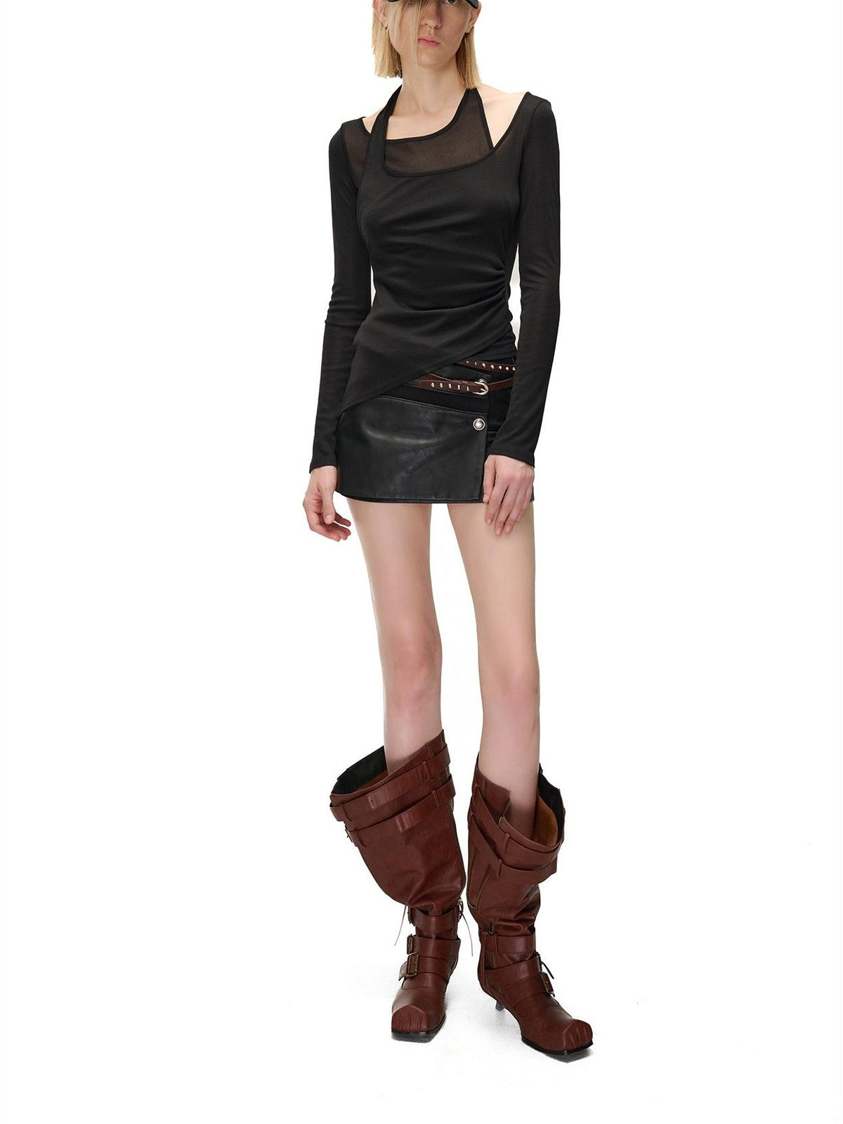 NORTH NODE Halter Patchwork Colorblock Faux Layered Women&