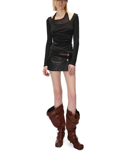 NORTH NODE Halter Patchwork Colorblock Faux Layered Women&