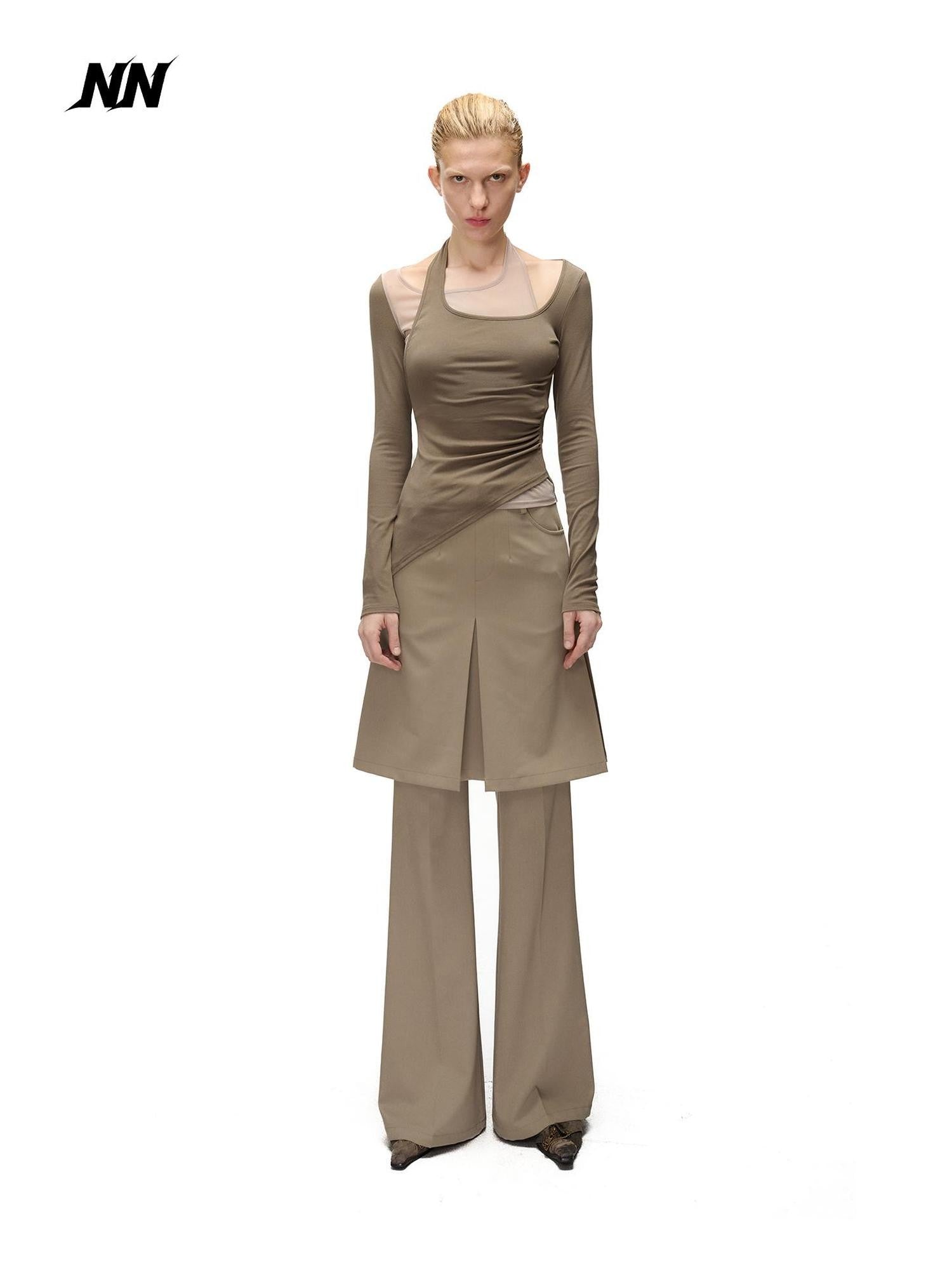 NORTH NODE Halter Patchwork Colorblock Faux Layered Women&