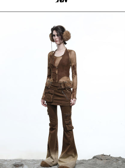 NORTH NODE Halter Splice Mesh Faux Layer Removable Trim Women&