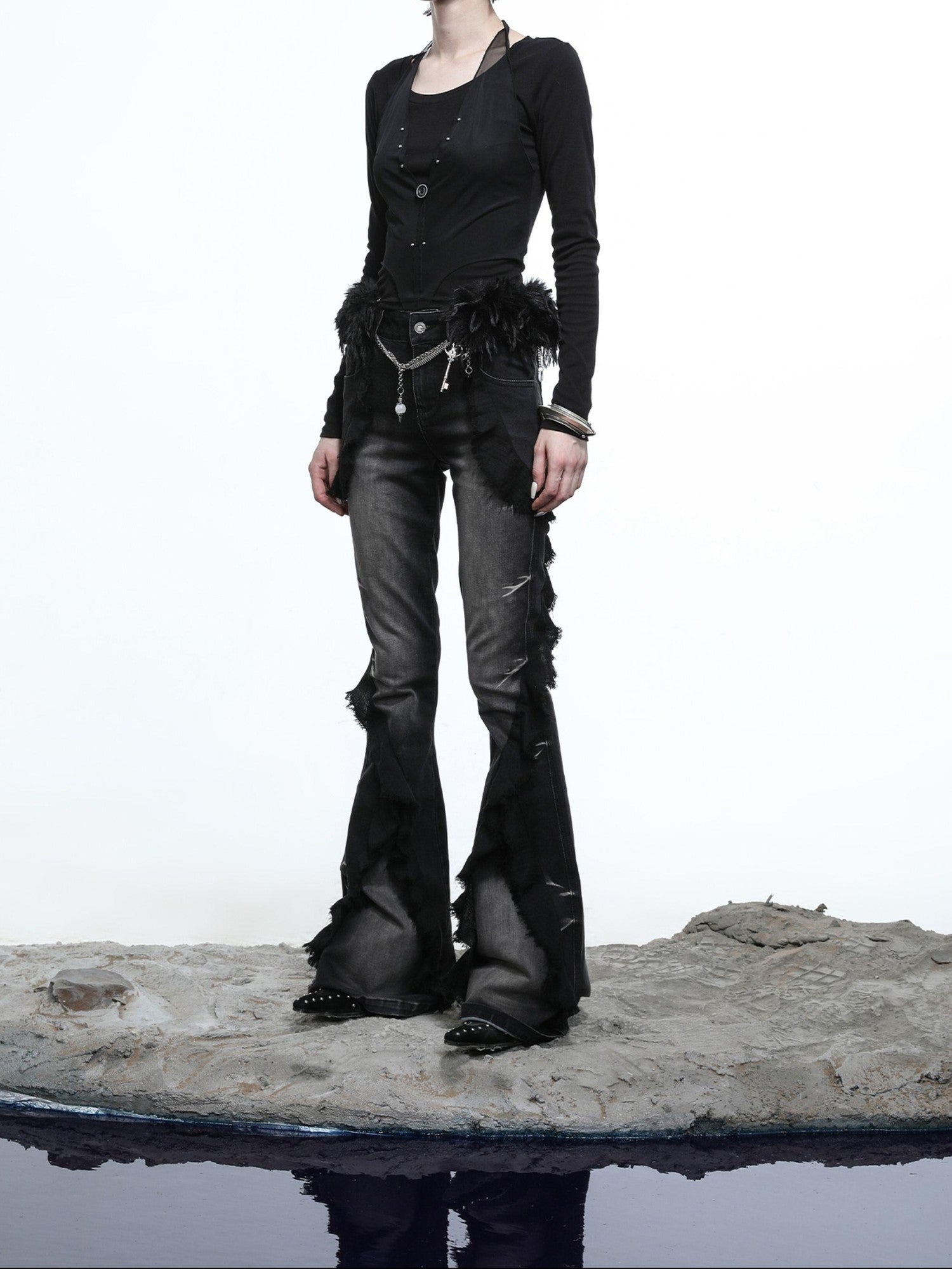 NORTH NODE Halter Splice Mesh Faux Layer Removable Trim Women&