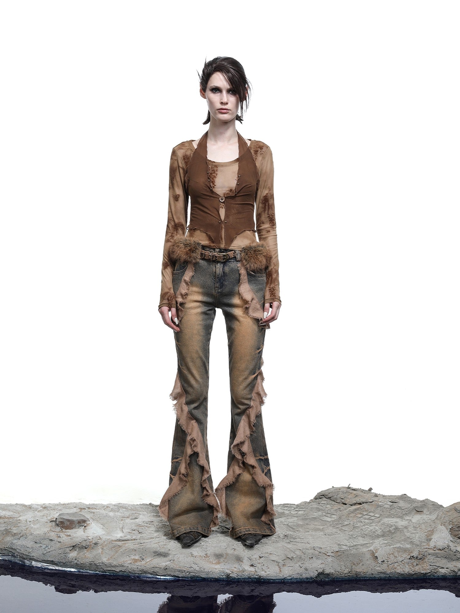 NORTH NODE Halter Splice Mesh Faux Layer Removable Trim Women&
