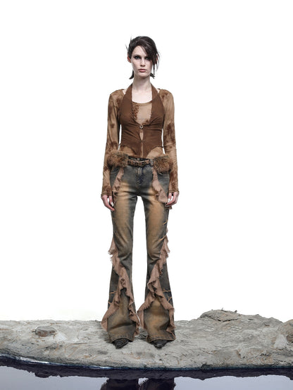 NORTH NODE Halter Splice Mesh Faux Layer Removable Trim Women&