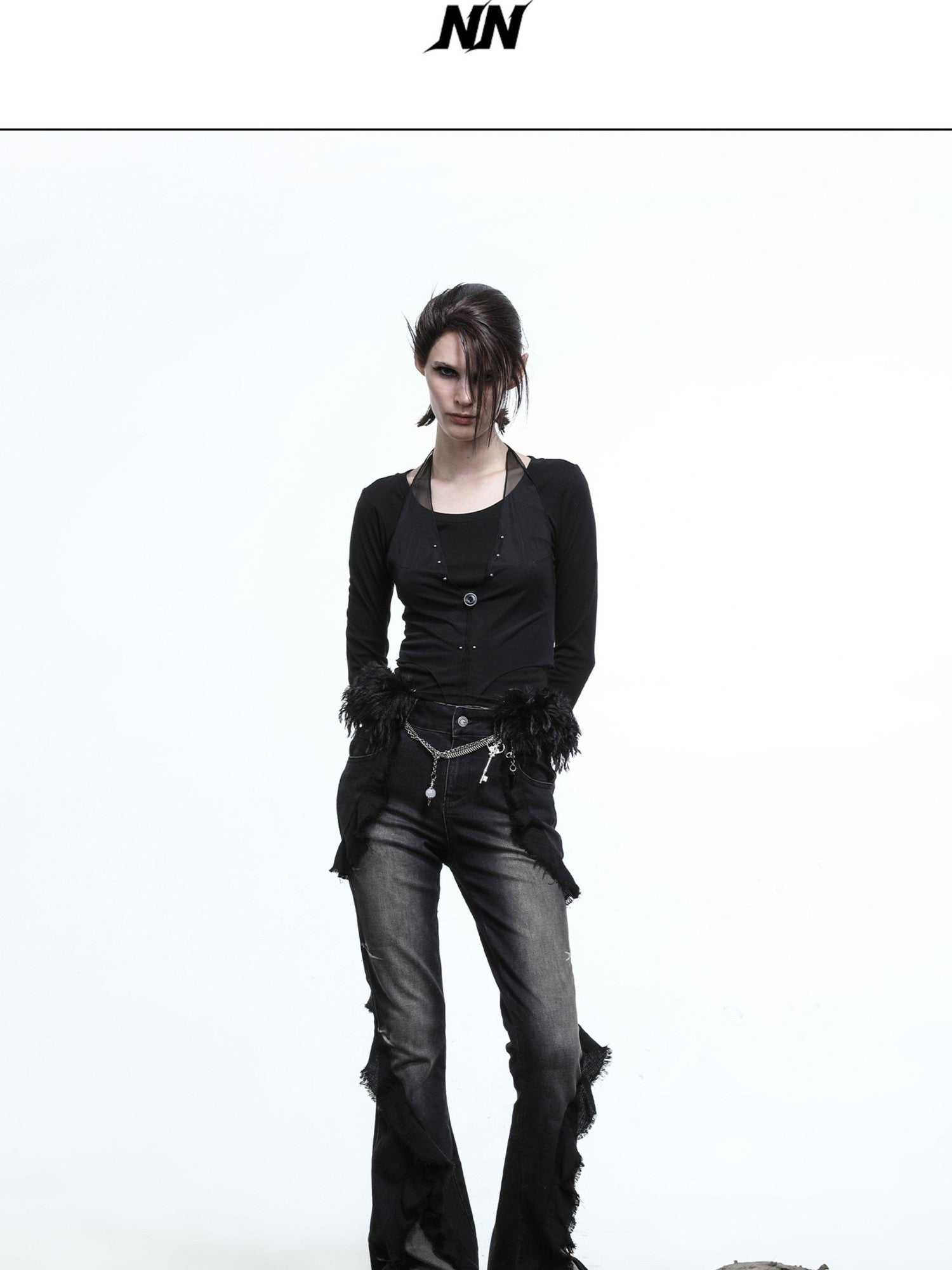 NORTH NODE Halter Splice Mesh Faux Layer Removable Trim Women&